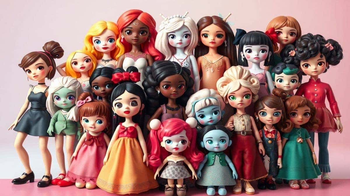 colorful collage of diverse ai generated dolls in various styles fantasy vintage modern cartoon cyberpunk arranged artistically on gradient background