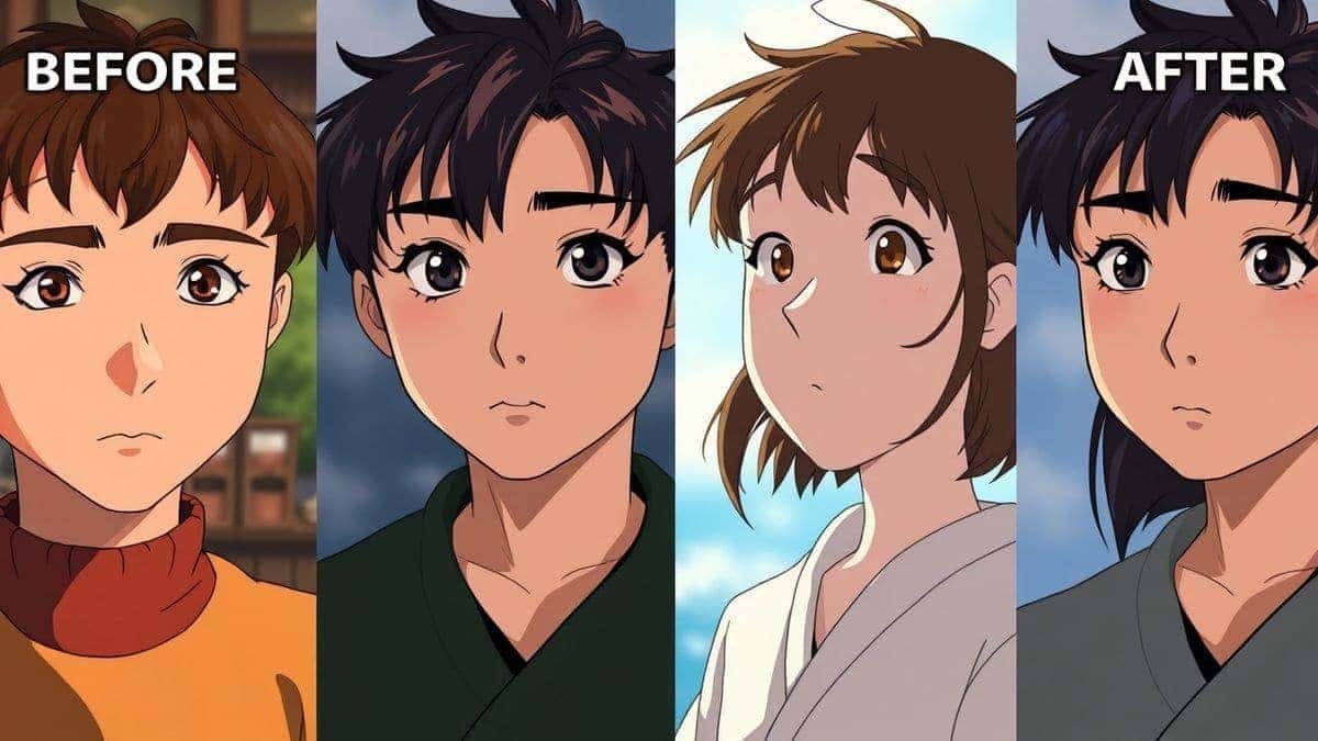 a grid of four before and after photos showing real people transformed into studio ghibli inspired anime art with soft lighting and painterly textures cinematic 4k