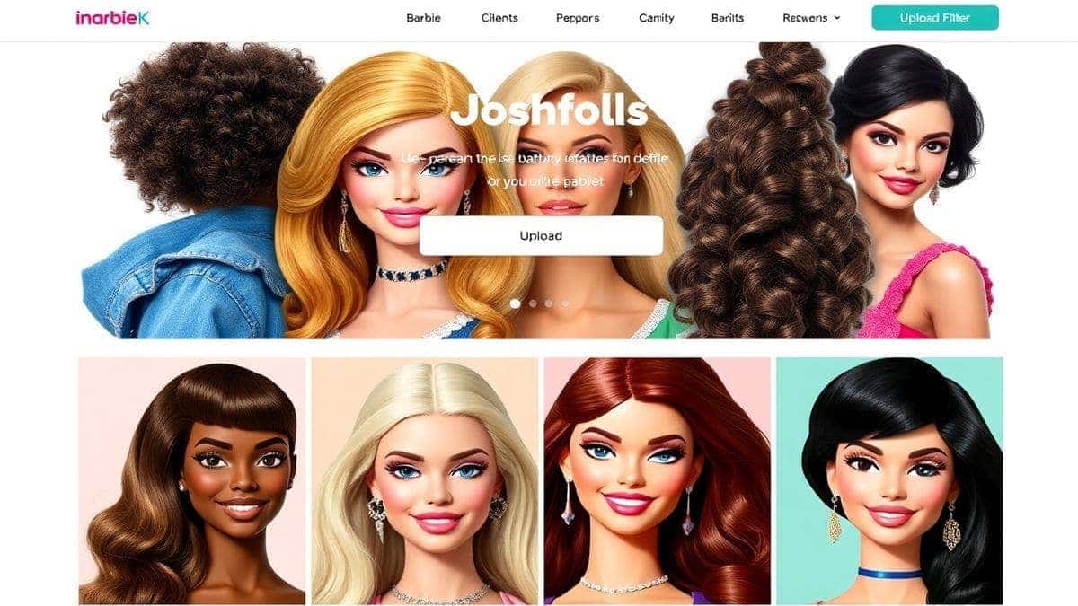 imagefk ai barbie filter landing page with large upload button and example images of diverse people transformed into barbie style portraits imagefk ai barbie filter landing page with large upload button and example images of diverse people transformed into barbie style portraits