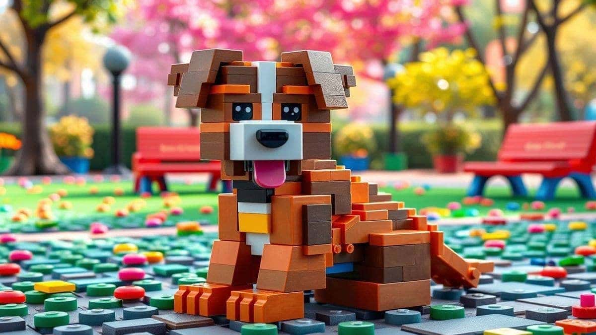playful scene of a cute dog transformed into lego bricks sitting in a colorful park digital art creative fun high detail playful scene of a cute dog transformed into lego bricks sitting in a colorful park digital art creative fun high detail