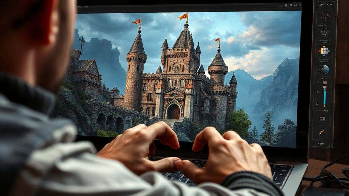 person typing medieval knight prompt into ai image generator interface with fantasy castle artwork being created on screen digital art style ultra detailed 4k