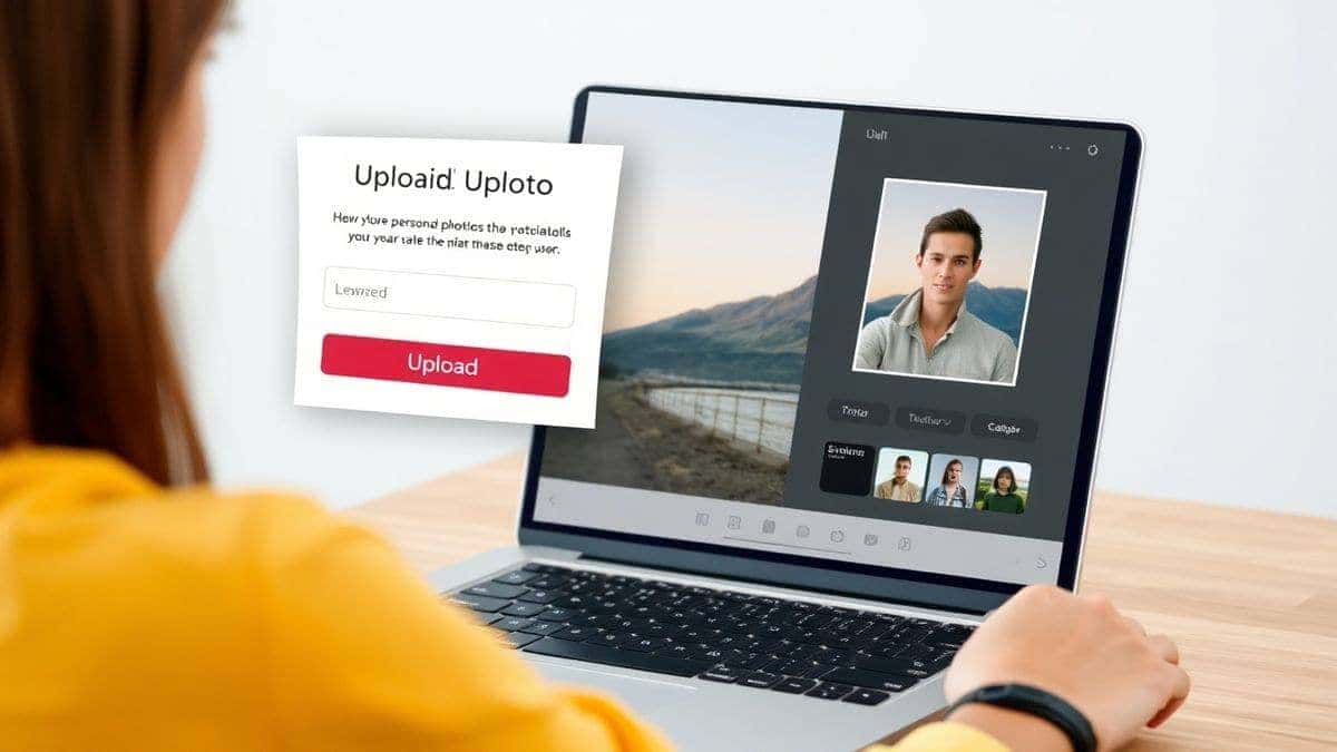 a person using a laptop to upload a personal photo into a modern ai photo editor interface with a clear upload button and preview area a person using a laptop to upload a personal photo into a modern ai photo editor interface with a clear upload button and preview area