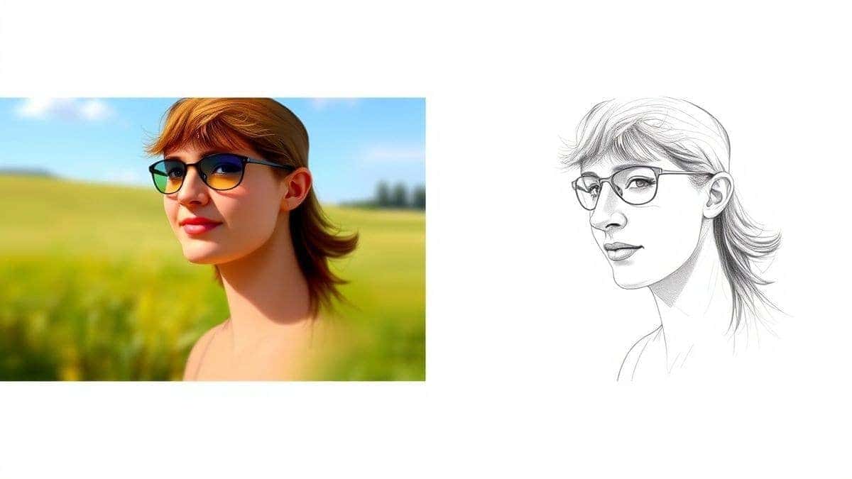 split screen comparison showing original photo on left and ai generated pencil sketch line drawing on right high quality detailed transformation split screen comparison showing original photo on left and ai generated pencil sketch line drawing on right high quality detailed transformation