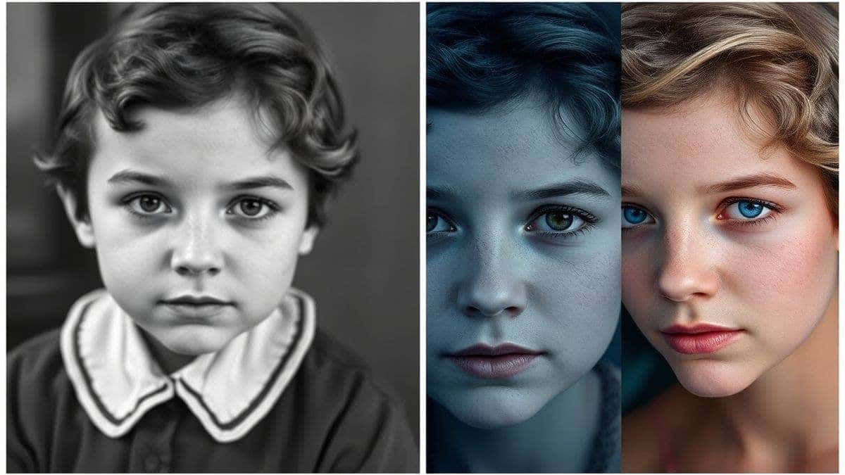 collage showing original black and white photo, poorly colorized version with muddy colors, and professionally AI colorized version with natural skin tones and accurate historical colors