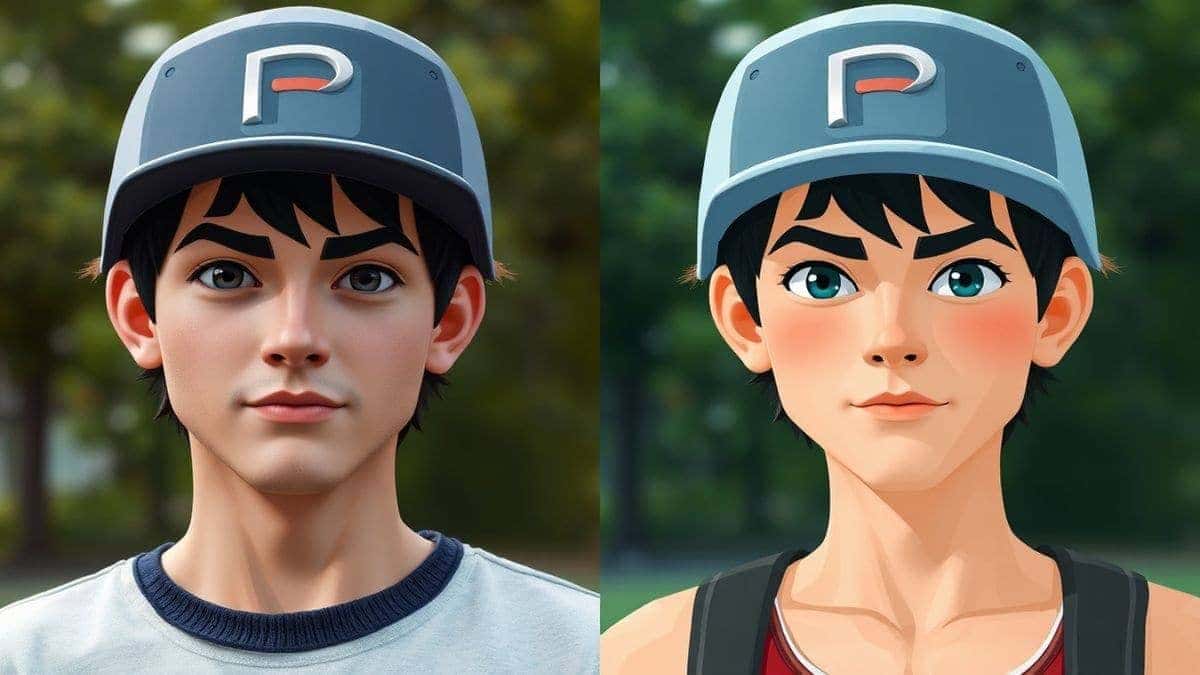 side by side comparison of a modern photo transformed into nostalgic low poly PS2 style video game character using artificial intelligence detailed