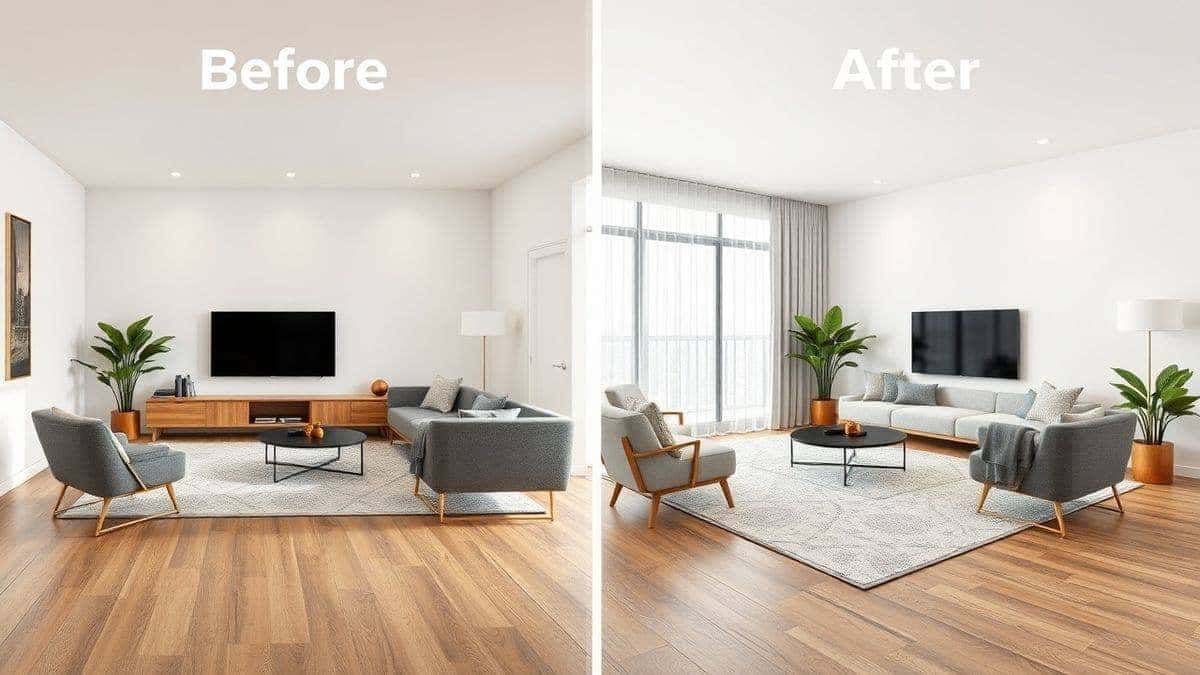 before and after comparison of empty room virtually staged with modern furniture ai interior design photo realistic 4k before and after comparison of empty room virtually staged with modern furniture ai interior design photo realistic 4k