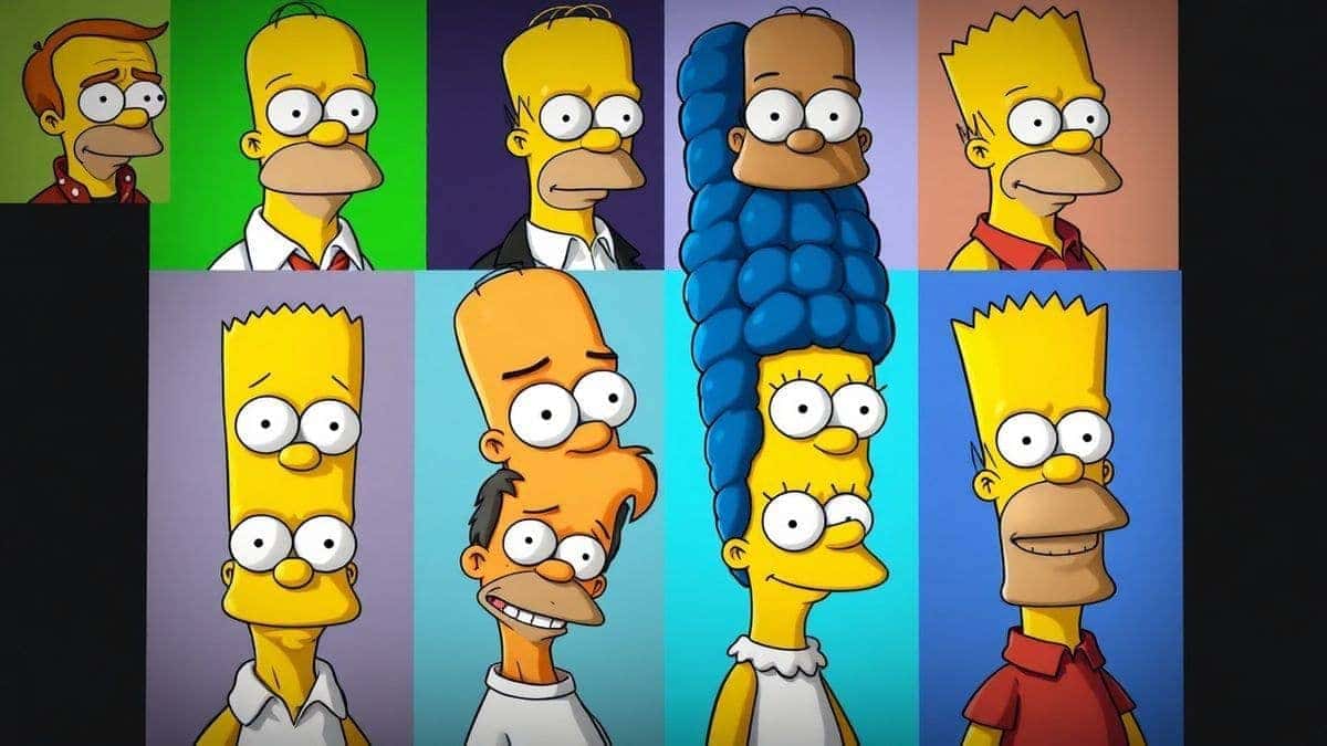 showcase of various simpsons style character portraits created from real photos bright yellow skin oversized eyes cartoon aesthetic 4k quality