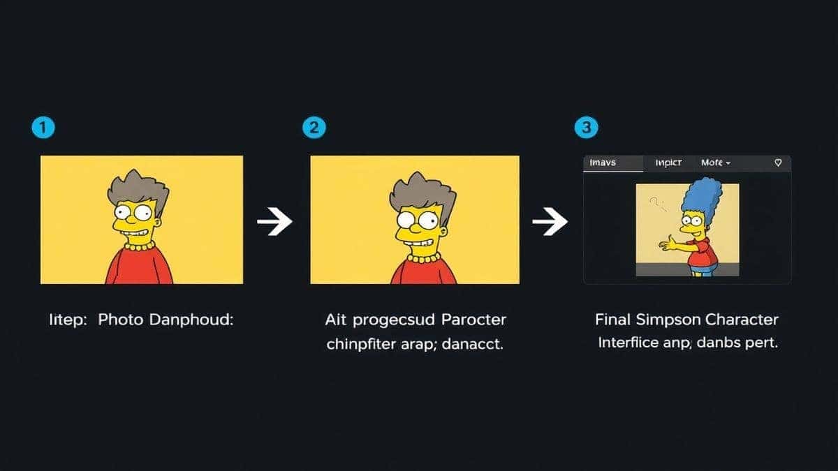 step by step visual guide showing photo upload, ai processing, and final simpsons character download interface on ImageFK step by step visual guide showing photo upload, ai processing, and final simpsons character download interface on ImageFK