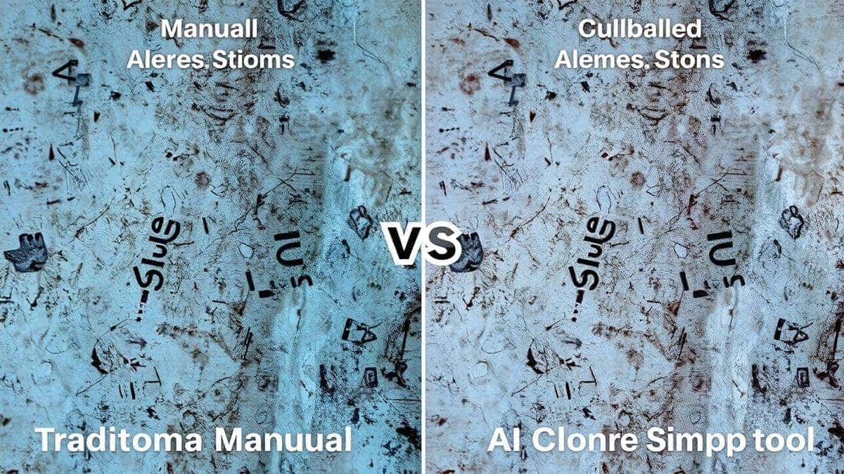 split screen comparison traditional manual clone stamp tool vs ai clone stamp tool showing time efficiency and quality difference detailed textures