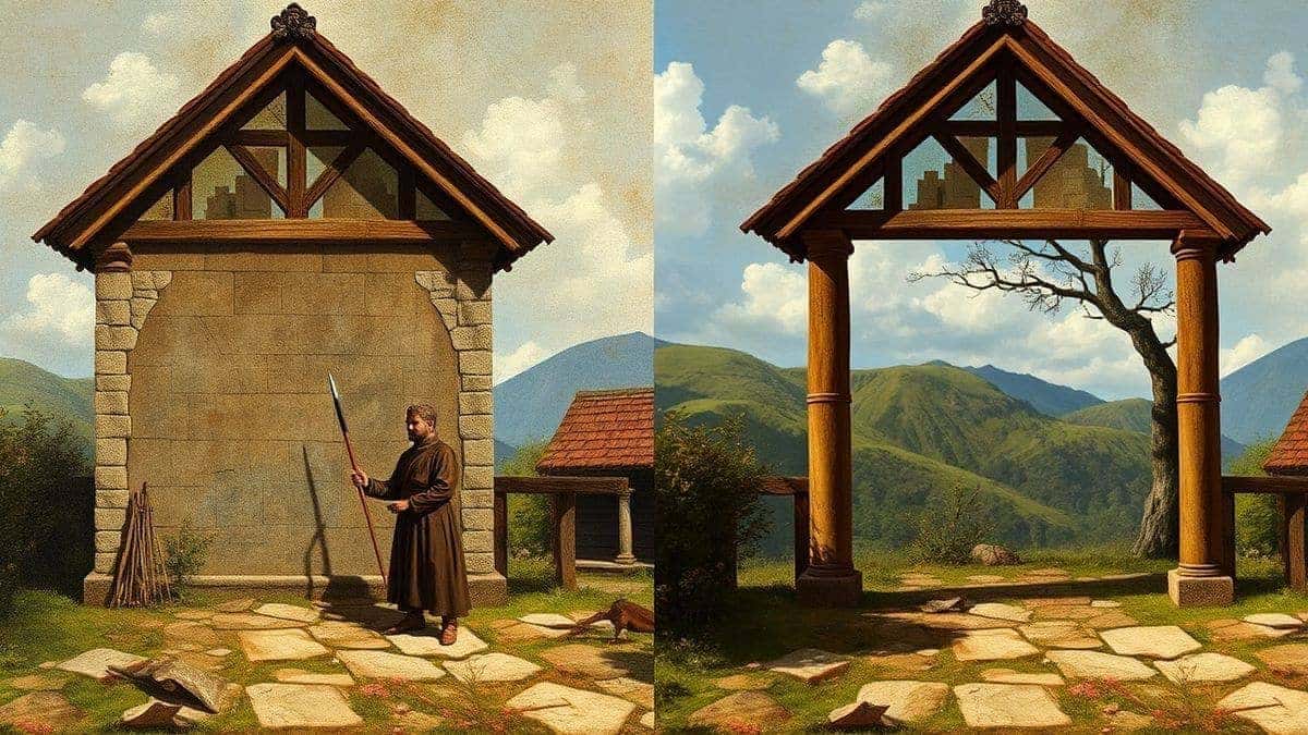 split screen comparison traditional medieval painting process with brushes and canvas versus modern ai image generator creating same scene digitally photorealistic style split screen comparison traditional medieval painting process with brushes and canvas versus modern ai image generator creating same scene digitally photorealistic style