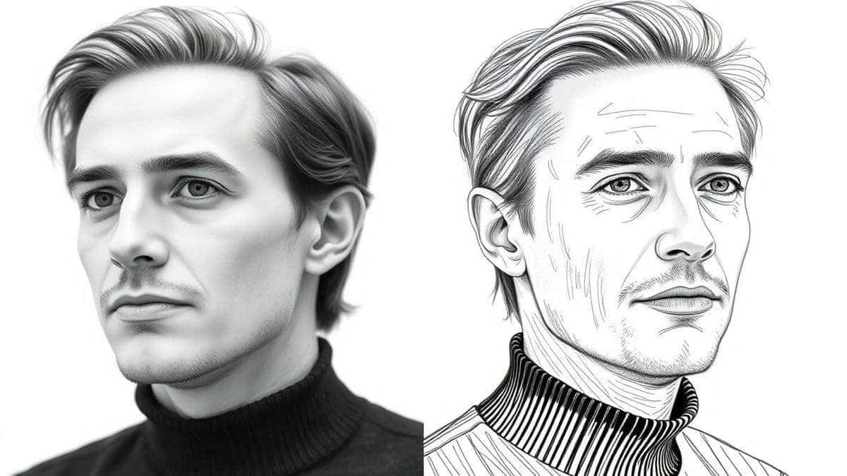 side by side comparison of a real photograph and its AI generated line drawing version pencil sketch style clean outlines artistic transformation detailed 4k